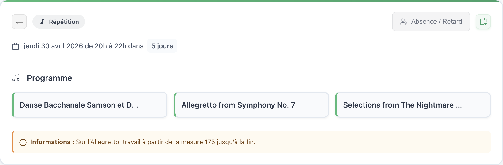 Calendrier des événements de l'orchestre - Répétitions et concerts